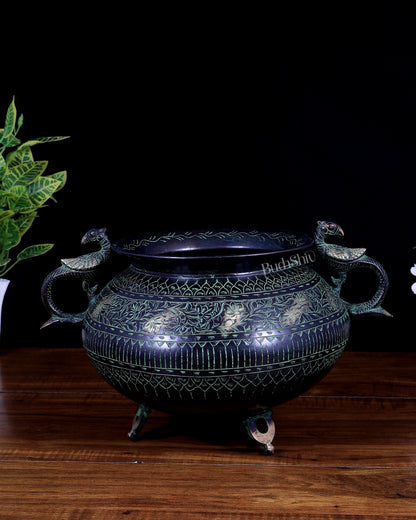 Vintage Brass Pot/planter Handcrafted with Intricate Carvings | Black & Green Patina Limited Edition