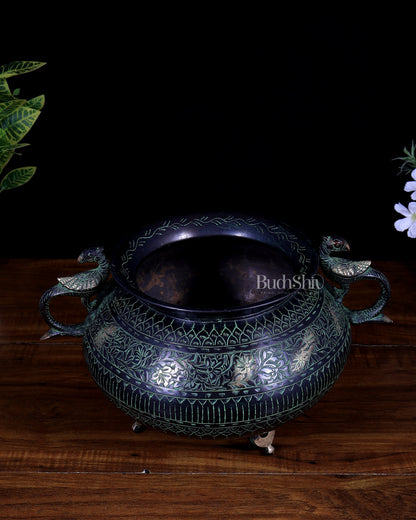 Vintage Brass Pot/planter Handcrafted with Intricate Carvings | Black & Green Patina Limited Edition