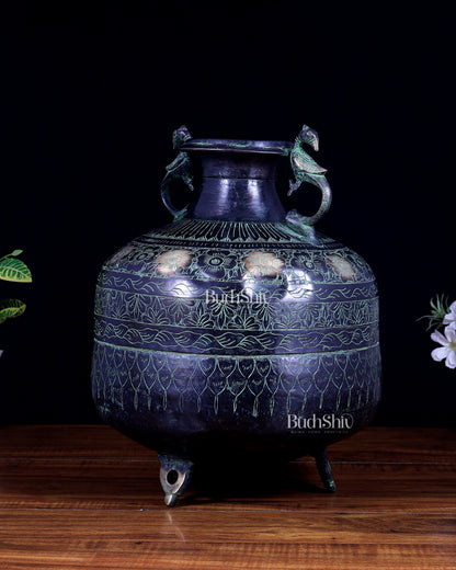 Vintage Brass Pot/planter with Peacock Handles | Hand-Chiseled Carvings | Black & Green Patina Finish