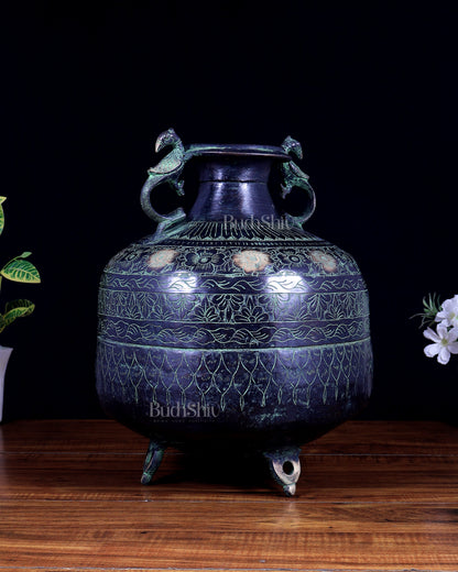Vintage Brass Pot/planter with Peacock Handles | Hand-Chiseled Carvings | Black & Green Patina Finish