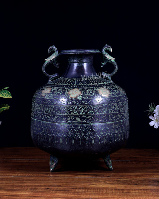 Vintage Brass Pot/planter with Peacock Handles | Hand-Chiseled Carvings | Black & Green Patina Finish