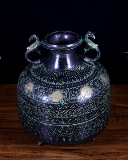 Vintage Brass Pot/planter with Peacock Handles | Hand-Chiseled Carvings | Black & Green Patina Finish