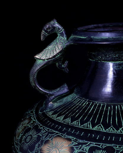 Vintage Brass Pot/planter with Peacock Handles | Hand-Chiseled Carvings | Black & Green Patina Finish