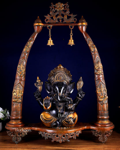 Brass Black Tone Ganesha Statue with Temple Arch Frame  35 inch