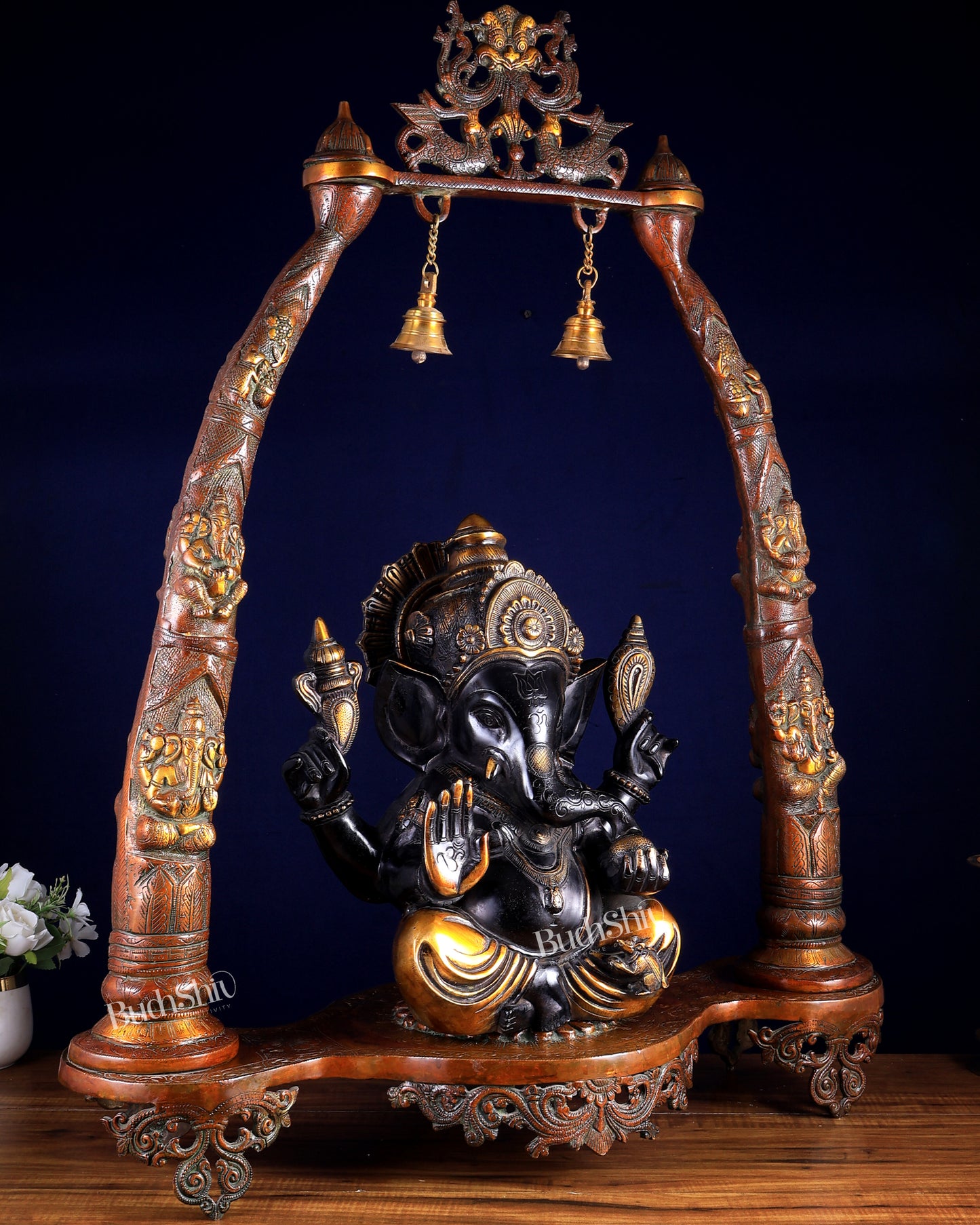 Brass Black Tone Ganesha Statue with Temple Arch Frame  35 inch
