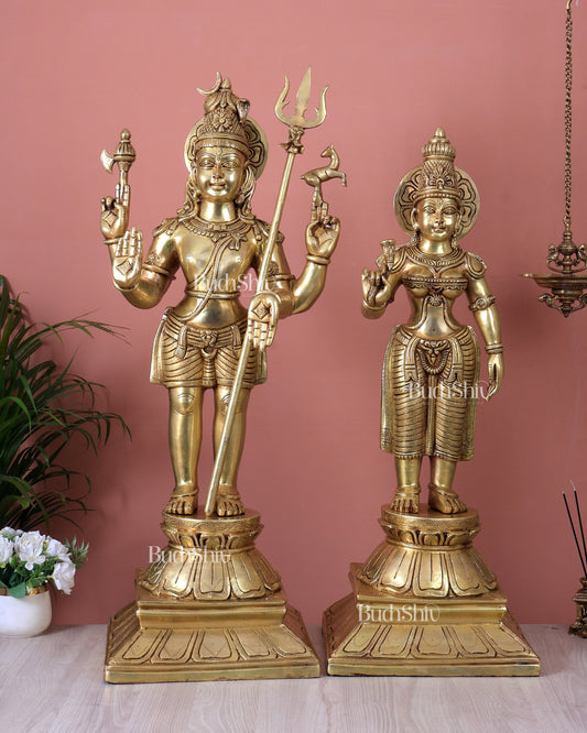 Brass Large Standing Shiva Parvati Kalyana Murti Statue Set | Divine Wedding Form Sculpture 40"