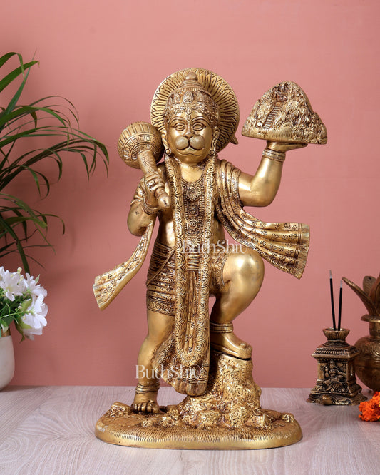 Brass Superfine Sanjeevani Hanuman Statue | Lord Hanuman Carrying Mountain Idol (15.3 Inch)