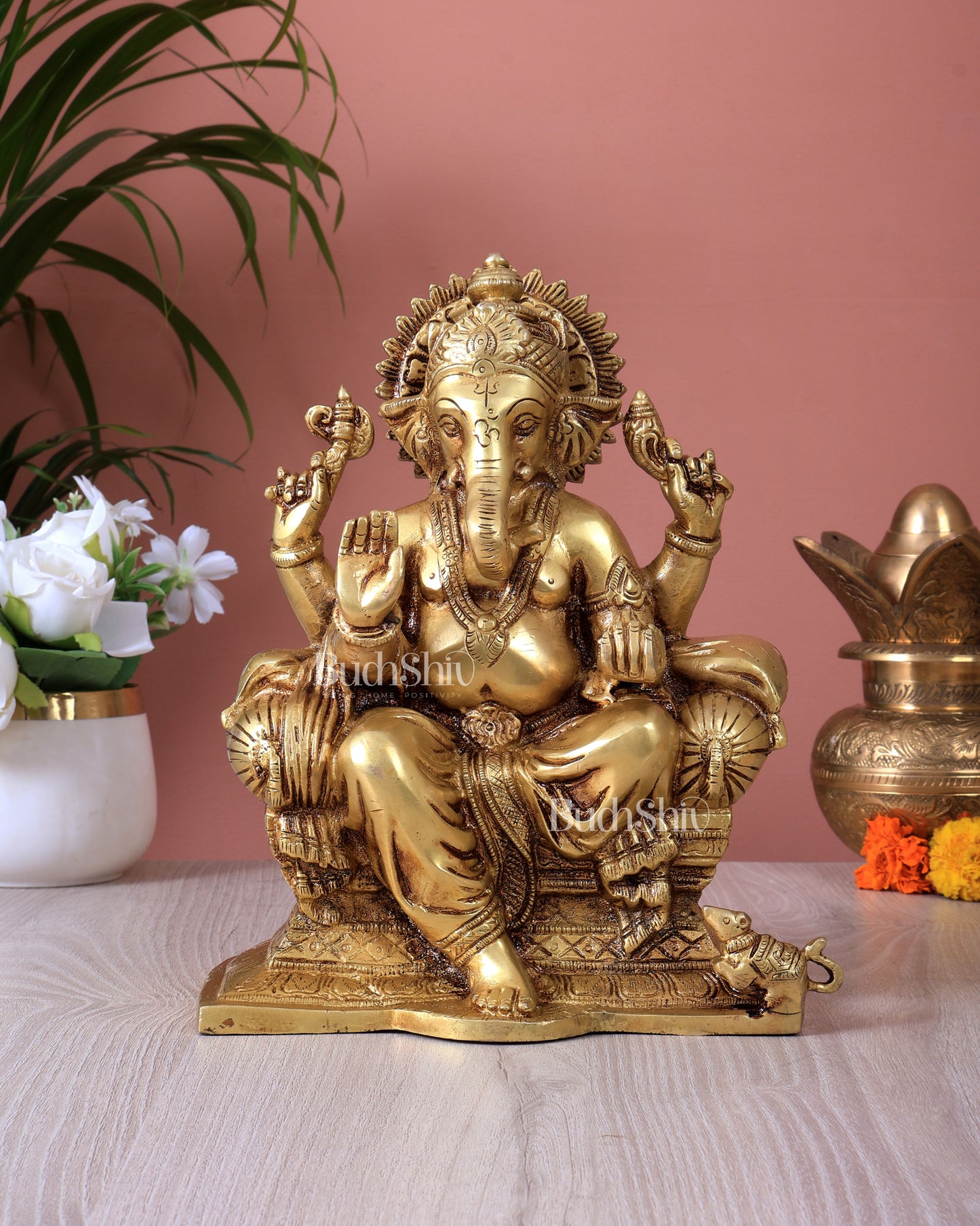 Ganesha on a sofa brass idol 10 inch