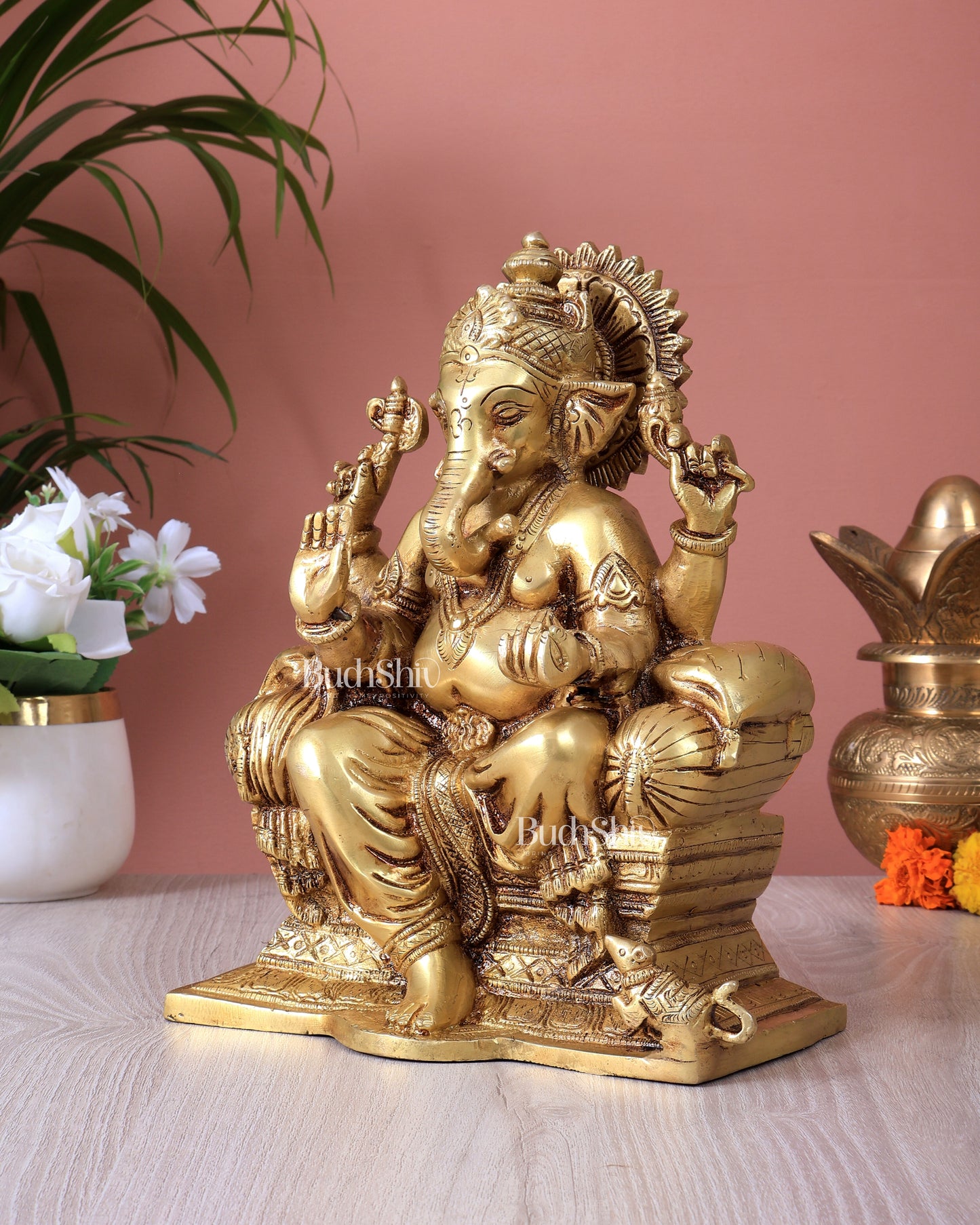 Ganesha on a sofa brass idol 10 inch