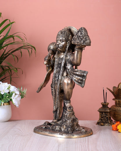 Antique Brass Superfine Sanjeevani Hanuman Statue | Lord Hanuman Carrying Mountain Idol (15.3 Inch)
