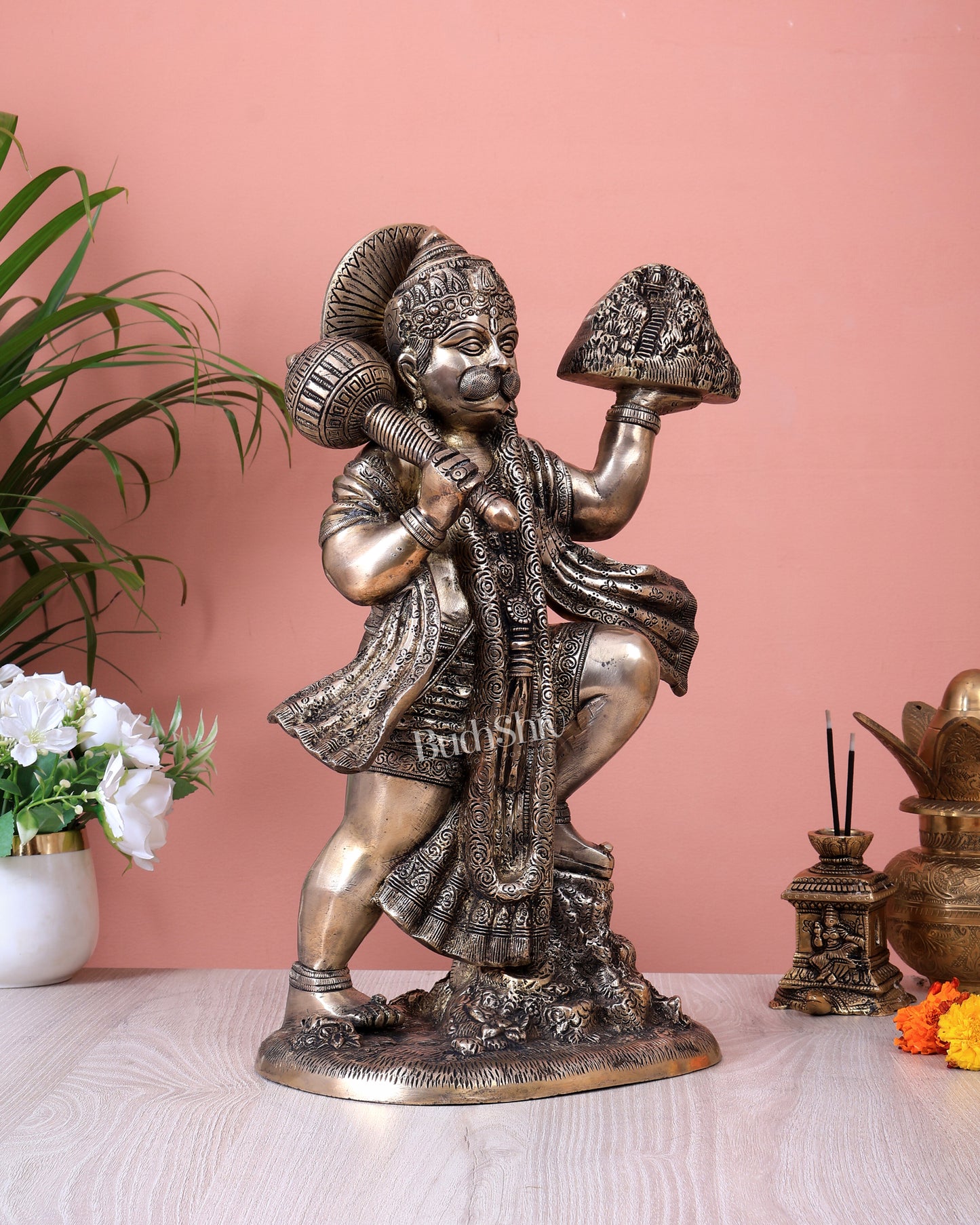 Antique Brass Superfine Sanjeevani Hanuman Statue | Lord Hanuman Carrying Mountain Idol (15.3 Inch)