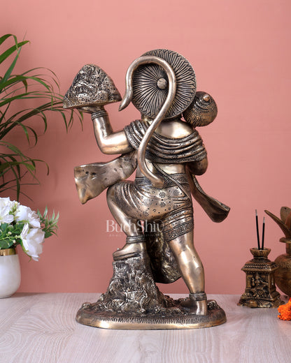 Antique Brass Superfine Sanjeevani Hanuman Statue | Lord Hanuman Carrying Mountain Idol (15.3 Inch)