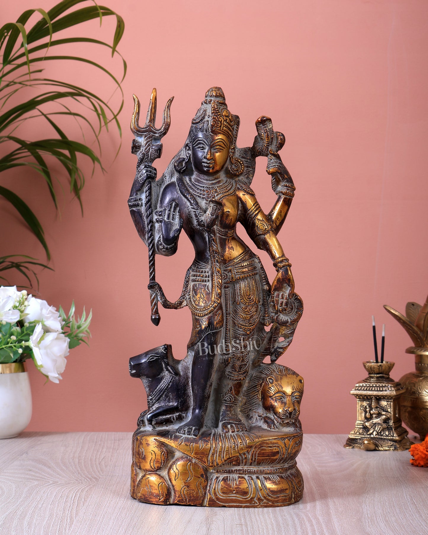 Pure Brass Ardhanishvara Idol vintage patina 13 inch