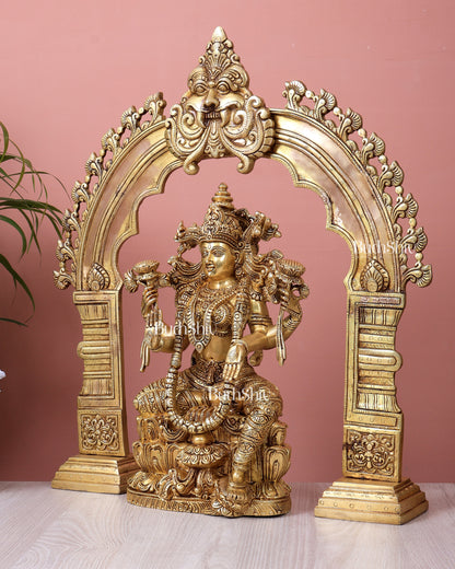 Majestic Brass Goddess Lakshmi Idol with Kirtimukha Prabhavali Arch Aureole | Superfine Temple Decor Set (21.5 Inch Frame)