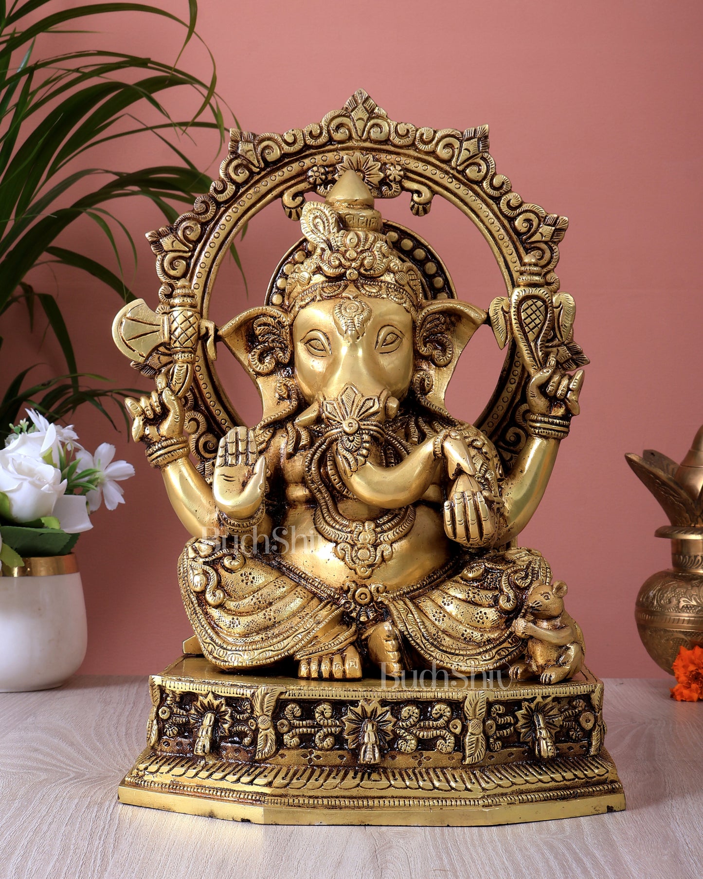 Brass Lord Ganesha Statue with Unique Decorative Frame (13 Inch)