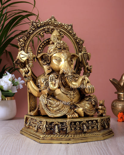 Brass Lord Ganesha Statue with Unique Decorative Frame (13 Inch)