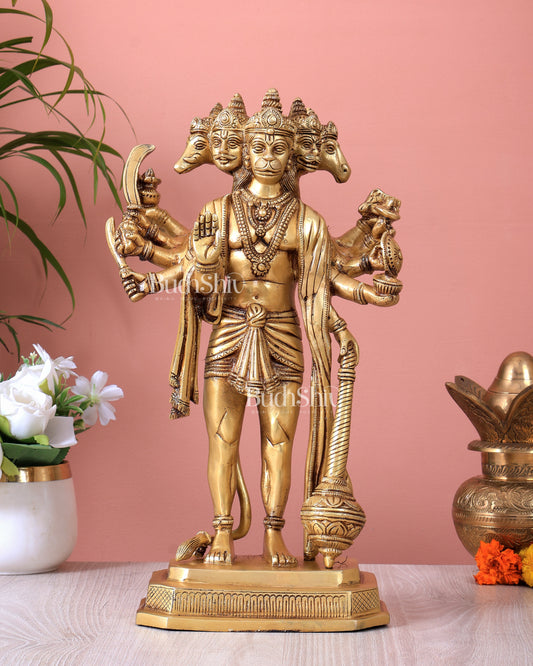 Brass Standing Panchmukhi Hanuman Statue – Superfine Handcrafted Idol (14 Inch)
