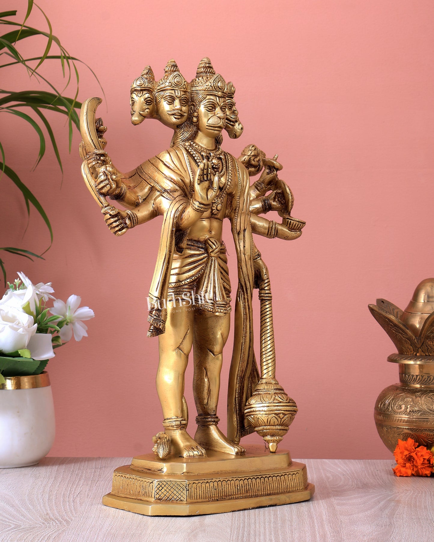 Brass Standing Panchmukhi Hanuman Statue – Superfine Handcrafted Idol (14 Inch)