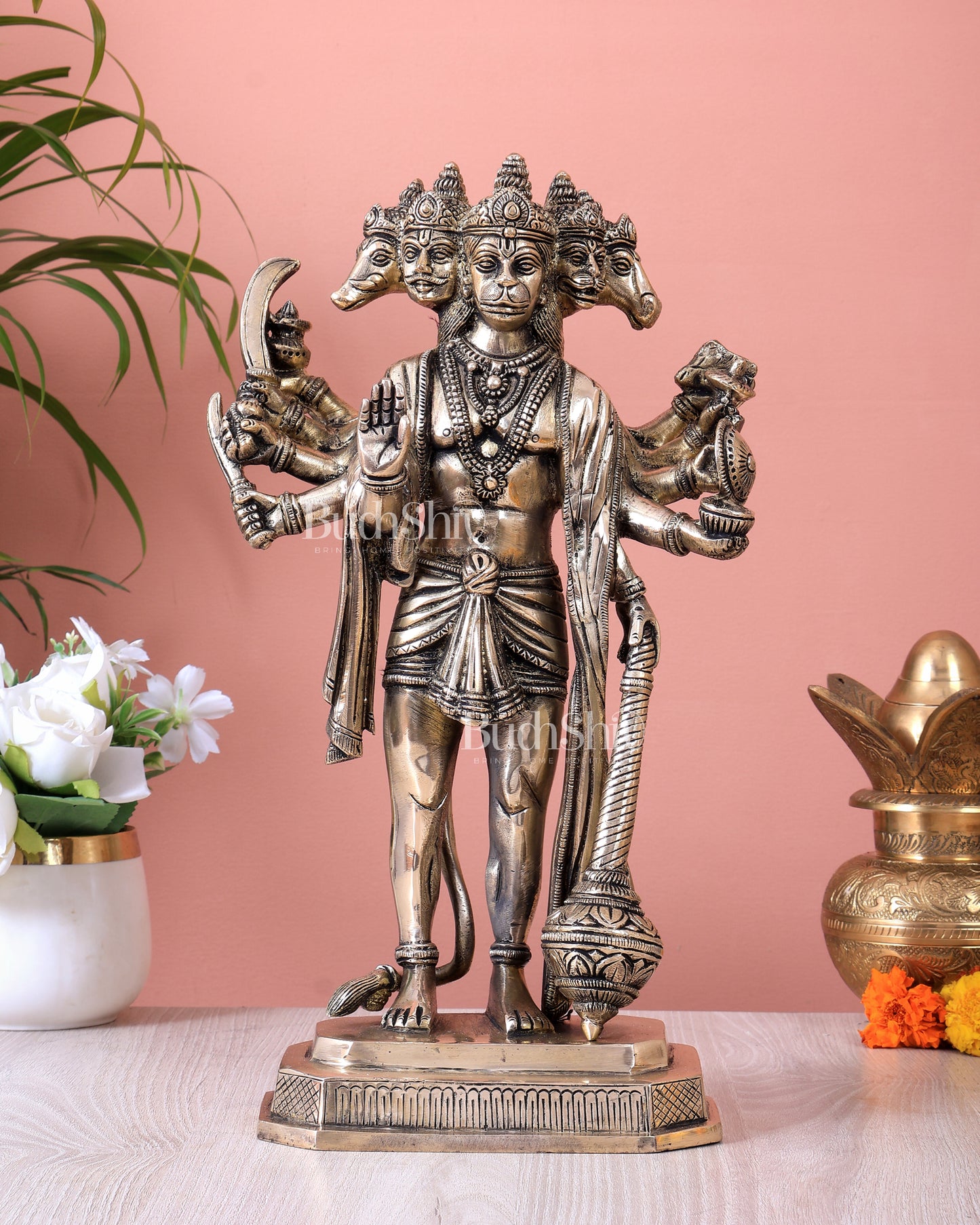 Brass Standing Panchmukhi Hanuman Statue – Antique Finish Superfine Idol (14 Inch)