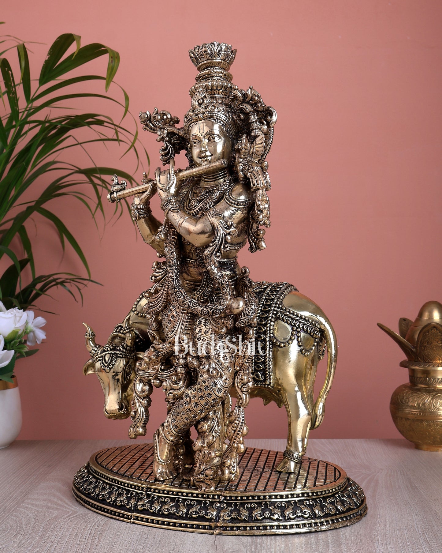 Brass Lord Krishna with Cow Superfine Statue (16 Inch, 5.35 Kg)