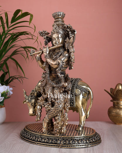 Brass Lord Krishna with Cow Superfine Statue (16 Inch, 5.35 Kg)