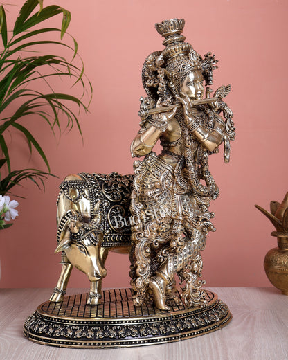 Brass Lord Krishna with Cow Superfine Statue (16 Inch, 5.35 Kg)