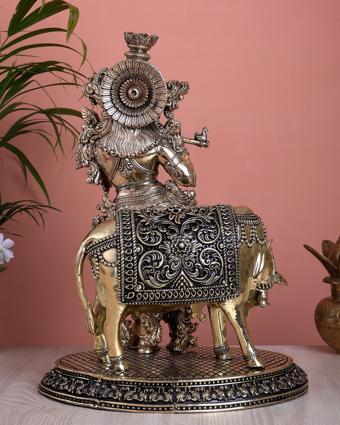Brass Lord Krishna with Cow Superfine Statue (16 Inch, 5.35 Kg)
