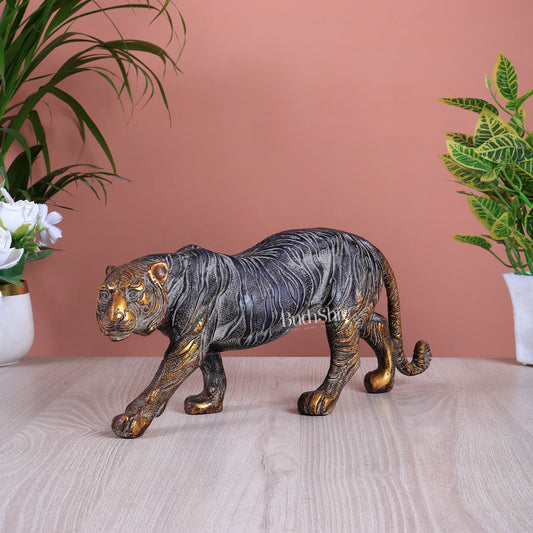Brass Large Walking Tiger Statue vintage patina