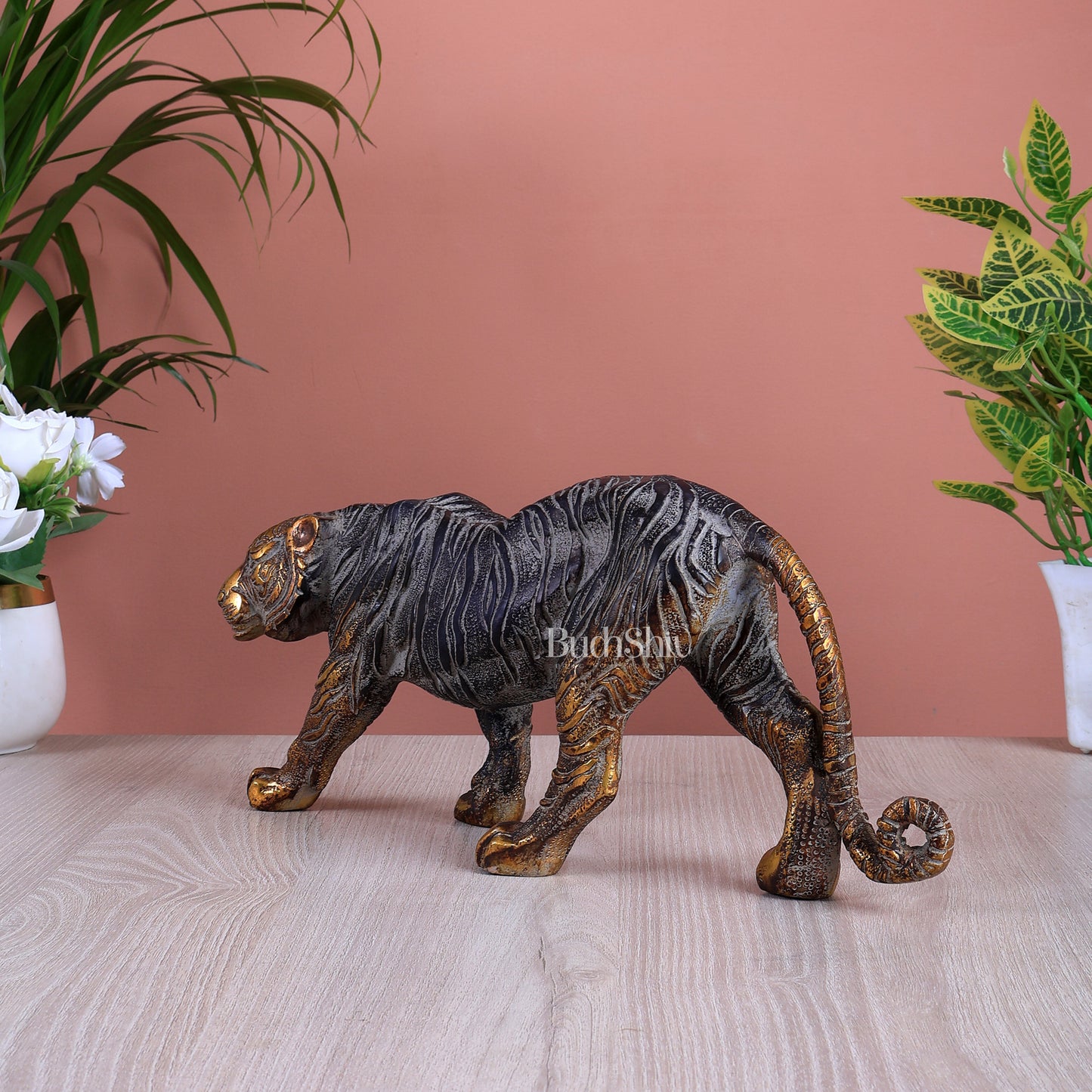 Brass Large Walking Tiger Statue vintage patina