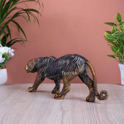 Brass Large Walking Tiger Statue vintage patina
