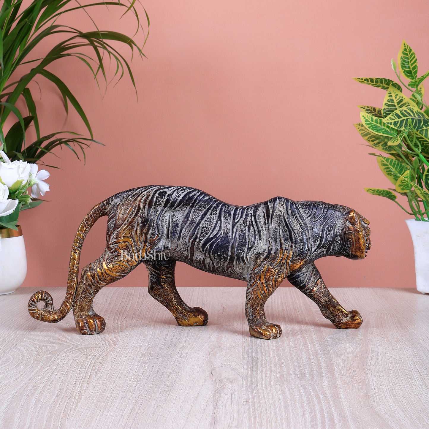 Brass Large Walking Tiger Statue vintage patina