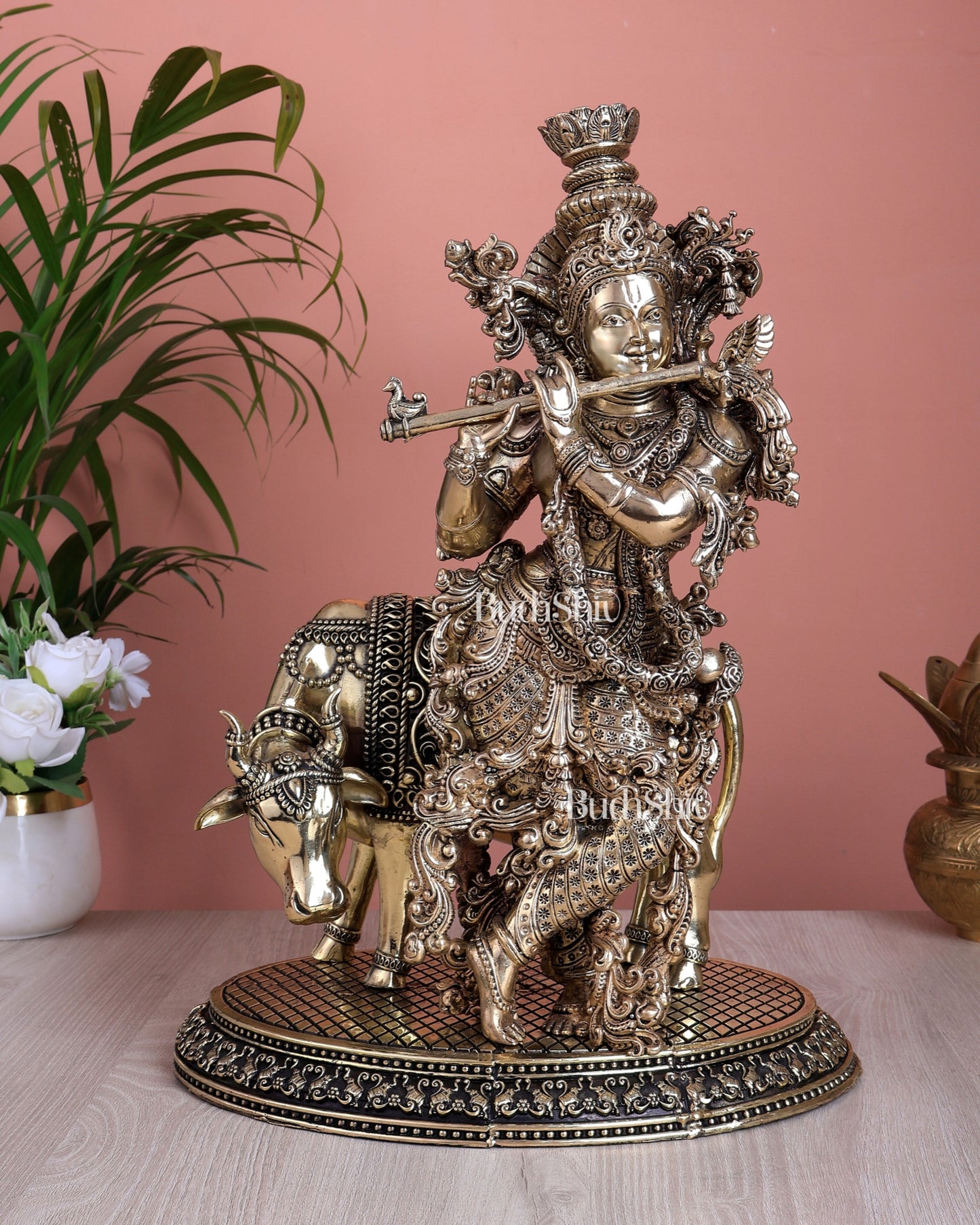 Brass Lord Krishna with Cow Superfine Statue (16 Inch, 5.35 Kg)