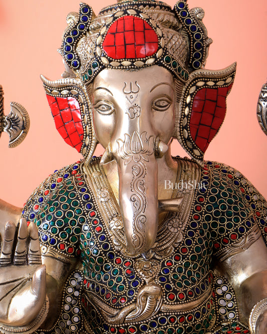 Handcrafted Ganesha Pure Brass statue with stonework - 18"