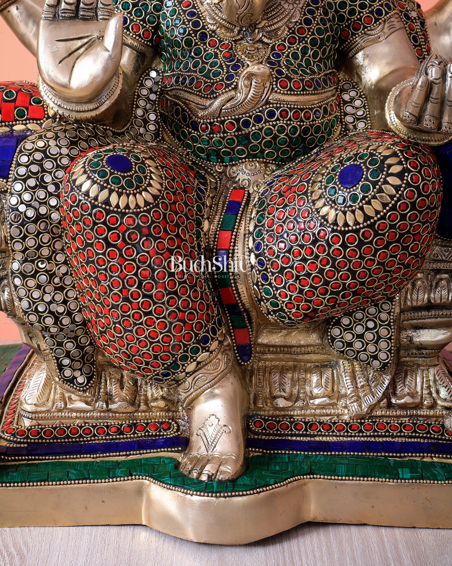 Handcrafted Ganesha Pure Brass statue with stonework - 18"