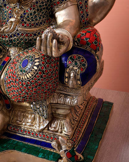 Handcrafted Ganesha Pure Brass statue with stonework - 18"
