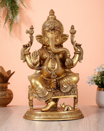 Brass Lord Ganesha Statue enhanced carvings - 15.5"