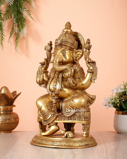 Brass Lord Ganesha Statue enhanced carvings - 15.5"