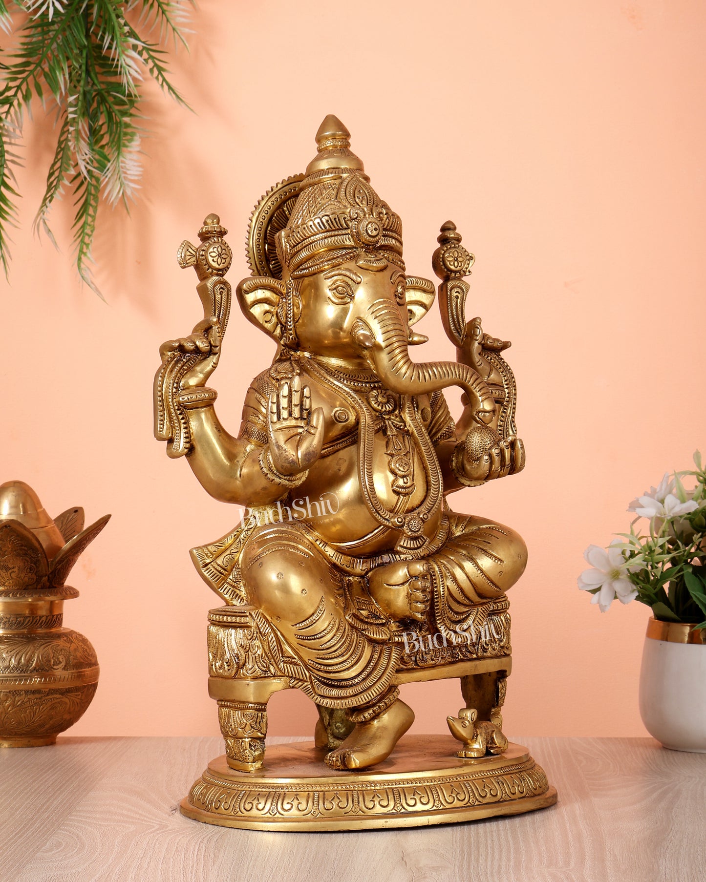Brass Lord Ganesha Statue enhanced carvings - 15.5"