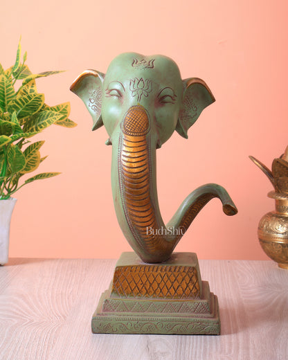 Brass Ganesha Face Mural Abstract Design (Green Tone, 11.5 Inch)