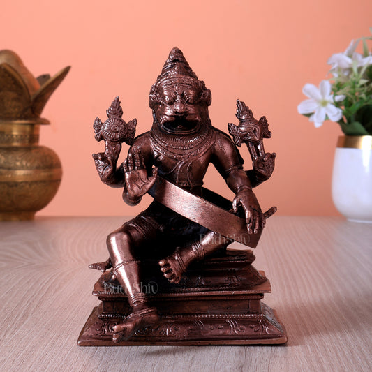 Pure Copper Lord Narasimha Idol (5 Inch, 0.954 Kg)