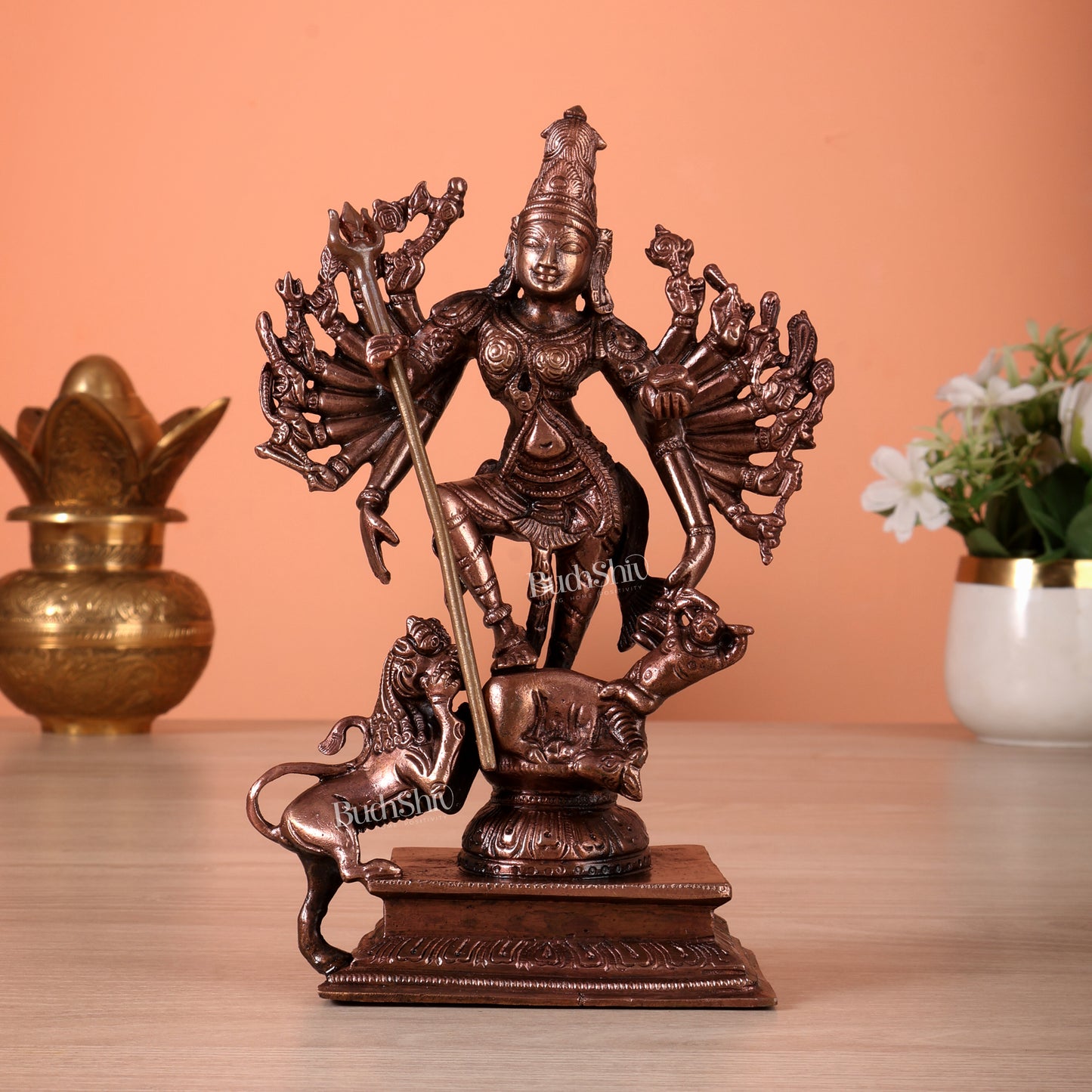Pure Copper Mahishasura Mardini Durga Idol (7.5 Inch, 1.477 Kg)