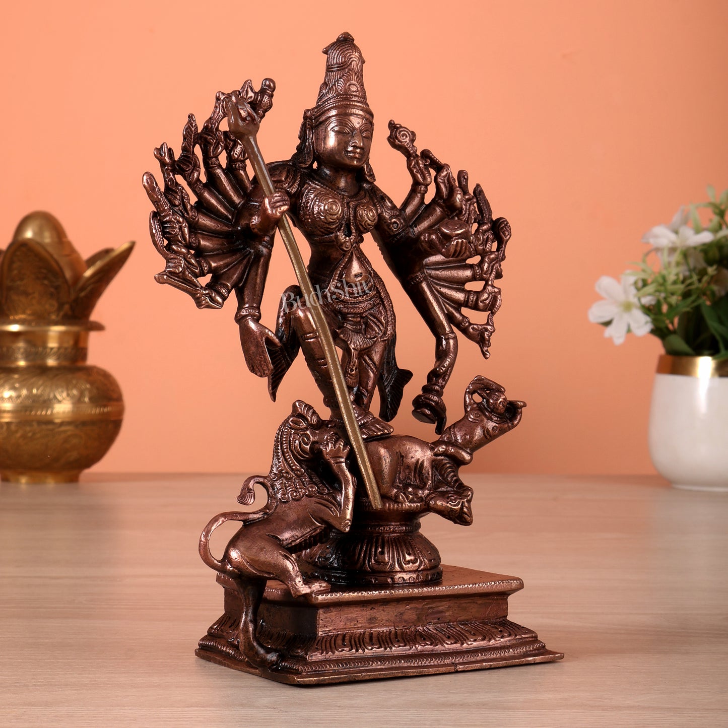 Pure Copper Mahishasura Mardini Durga Idol (7.5 Inch, 1.477 Kg)