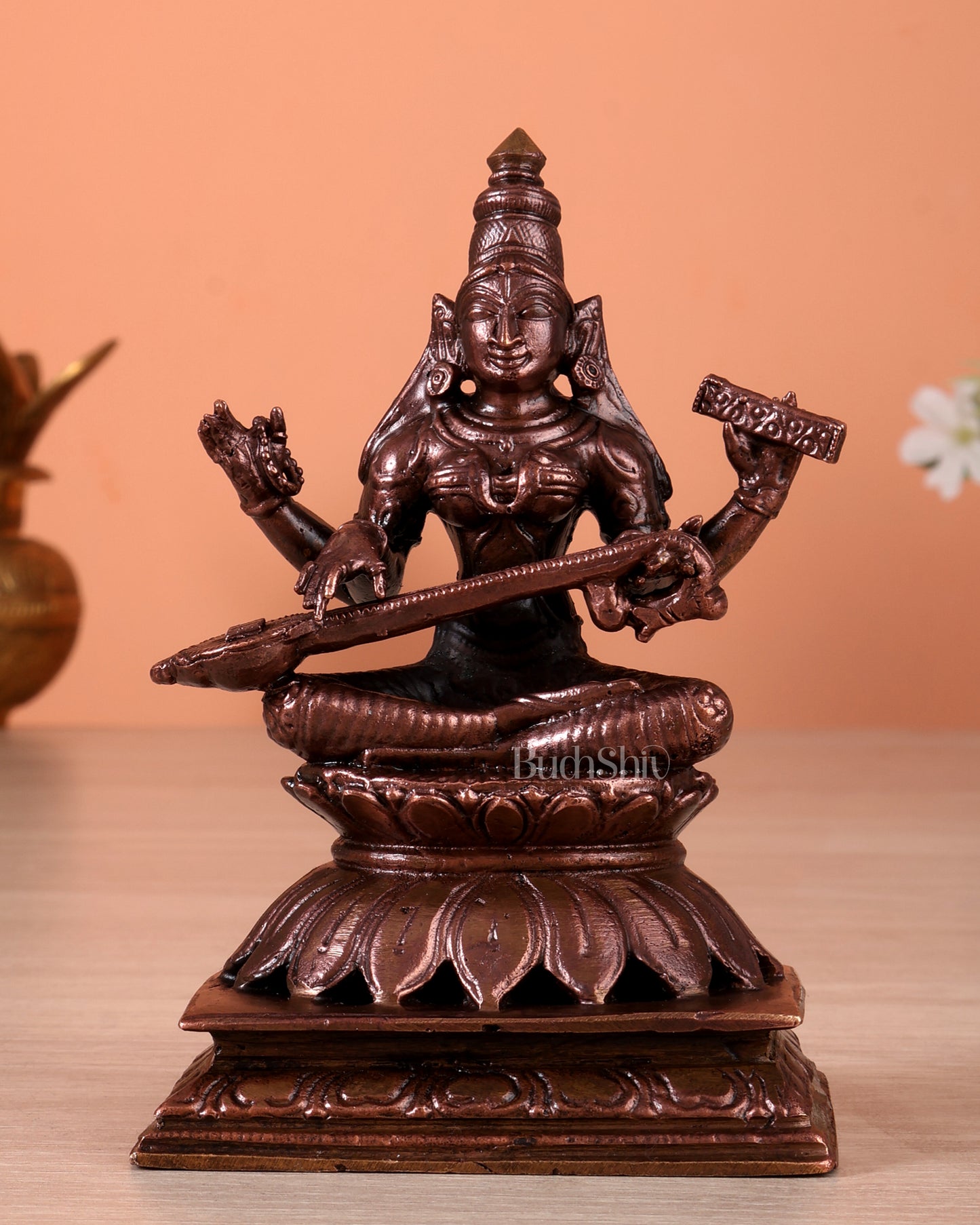 Pure Copper Goddess Saraswati Idol (5 Inch, 620 gm)