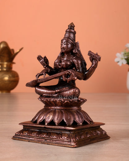 Pure Copper Goddess Saraswati Idol (5 Inch, 620 gm)