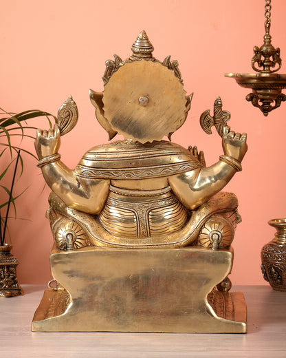 Pure Brass Lord Ganesha Seated on Throne Statue - 18"