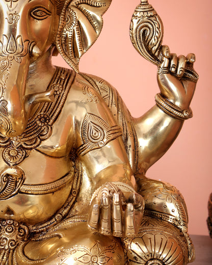 Pure Brass Lord Ganesha Seated on Throne Statue - 18"