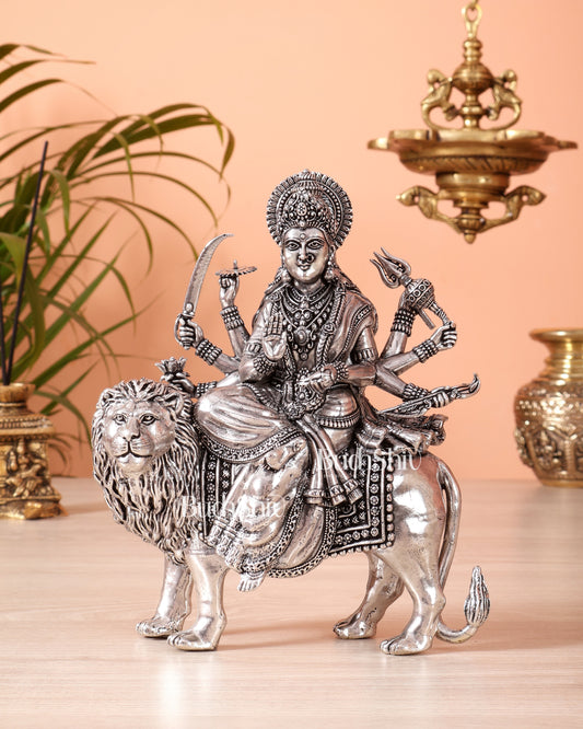 Silver plated Goddess Durga Ambe Mata Sitting on Lion - 8" Tall brass idol
