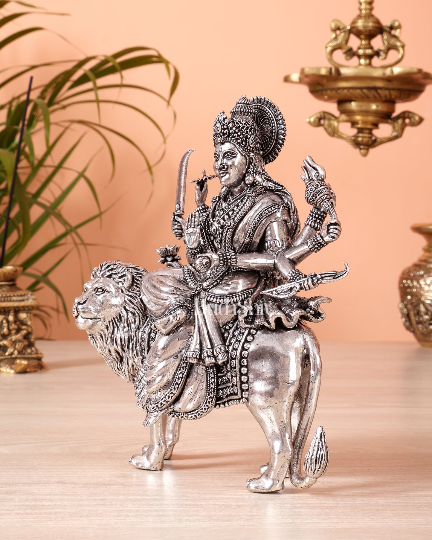 Silver plated Goddess Durga Ambe Mata Sitting on Lion - 8" Tall brass idol