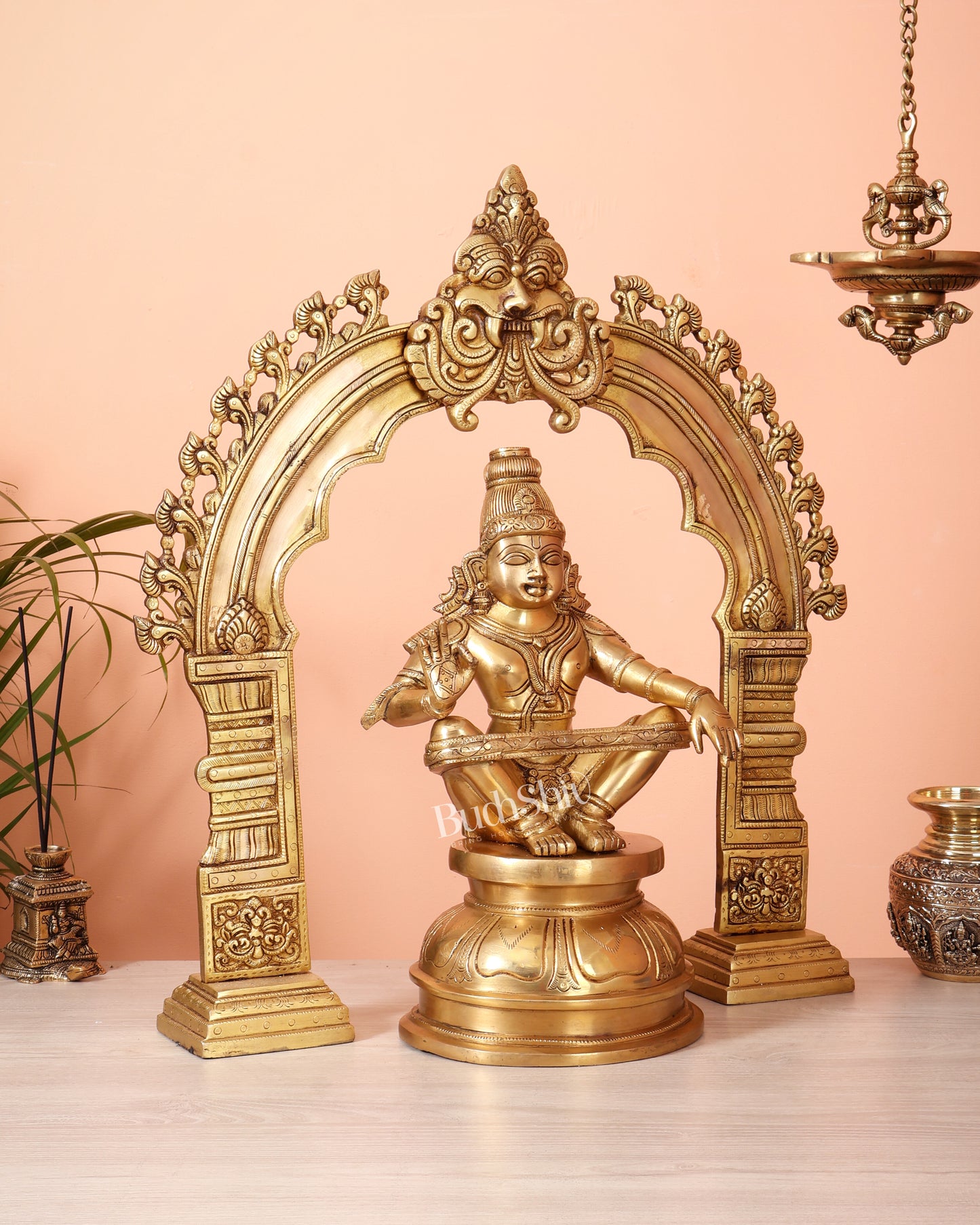 Brass Superfine Swamiye Saravana Ayyappa Statue with Prabhavali Arch 21.5 inch