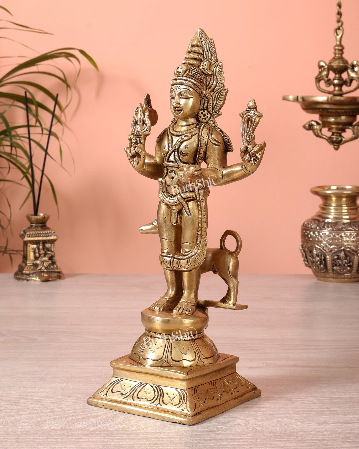 Superfine Brass Kaal Bhairava Bhairo Baba Idol with Dog 12 inch
